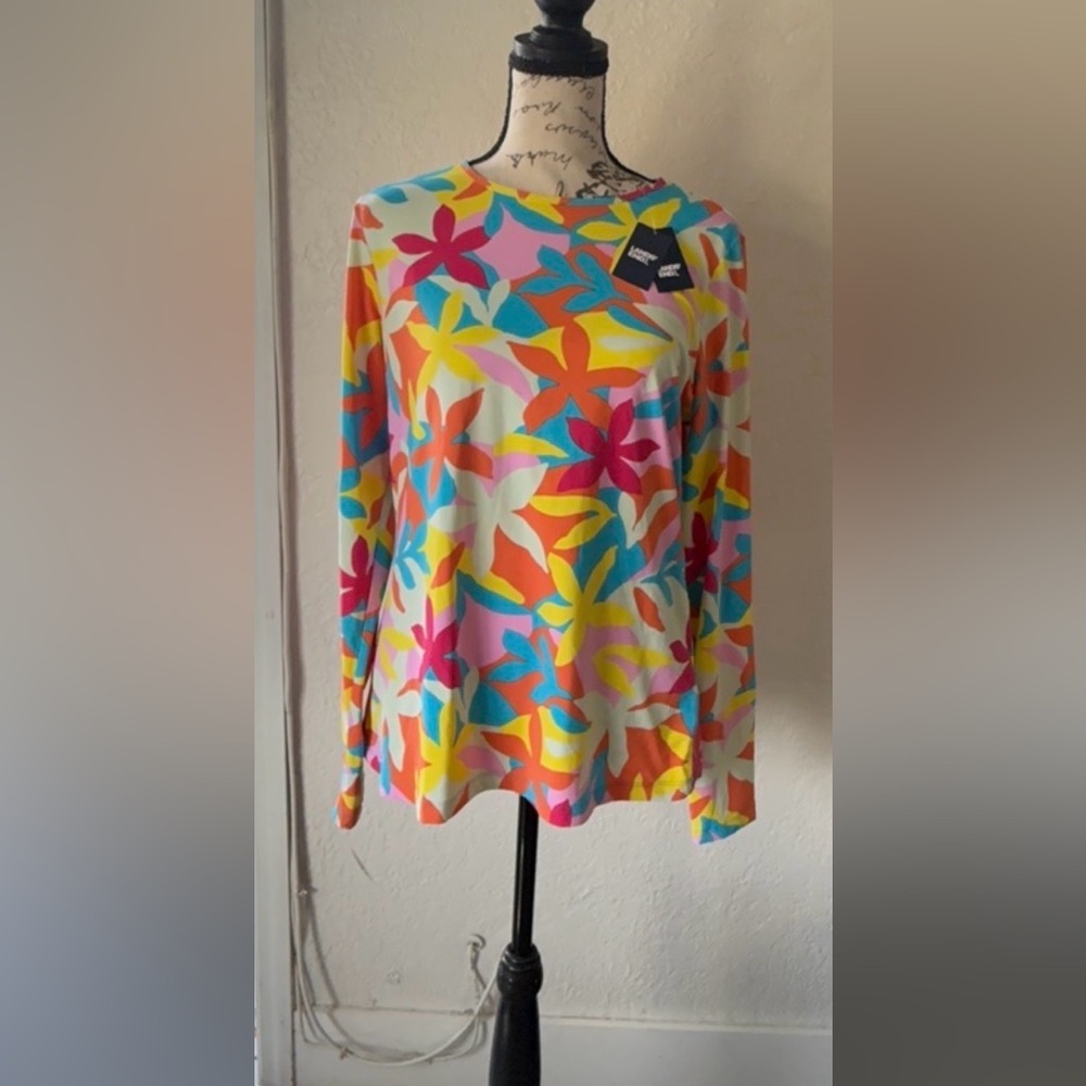 NWT Lands' End Women’s Long Sleeve Crew Neck Swim Tee Rash Guard Size M Floral - Picture 3 of 12